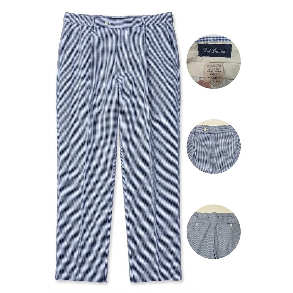 Vintage Paul Fredrick Seersucker Pants Mens 38x31 Pleated Blue Gingham Preppy